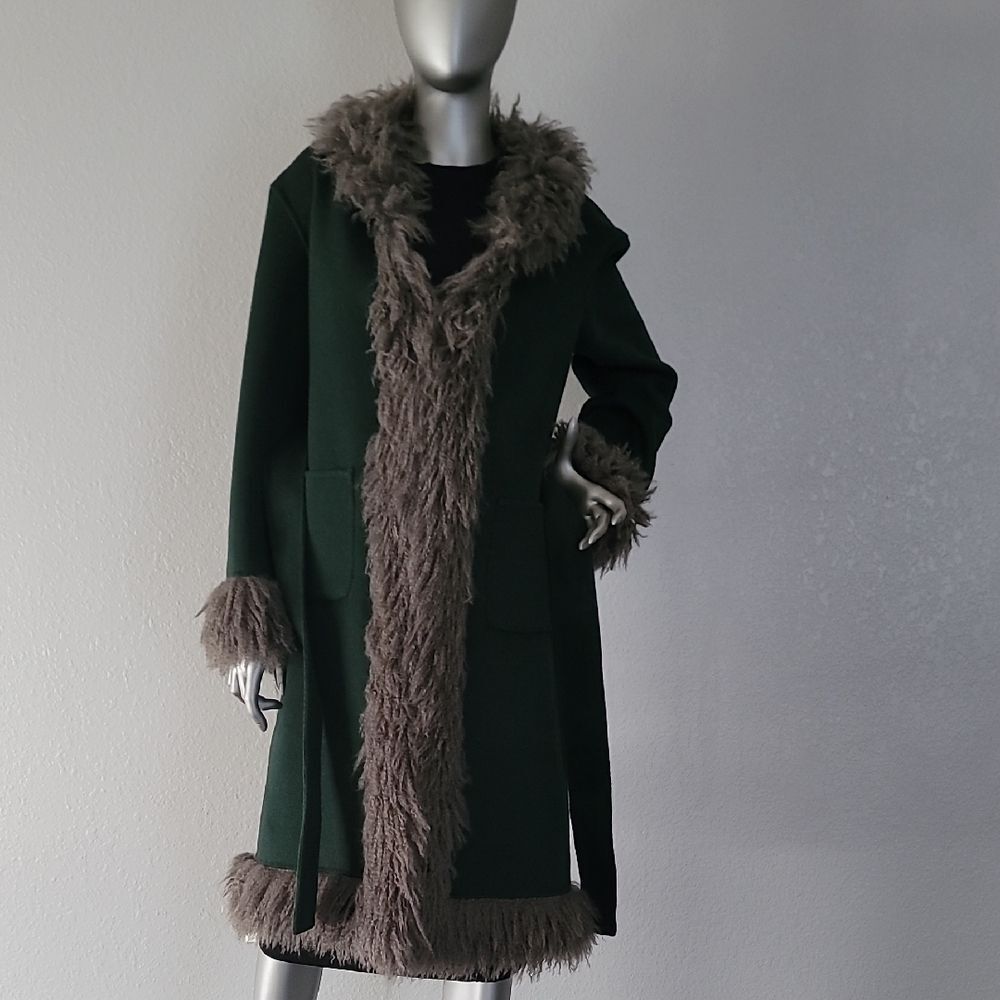 💫Chelsea & Violet Beatrix Wool Blend Faux Fur Trim Shawl Collar Long Topcoat💫